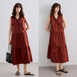 Demana Pure Cotton <b>Patchwork</b> Crossover V Neck Sleeveless Dress Women Summer Retro Elegant A Line <b>Skirt</b> - Product Image 1