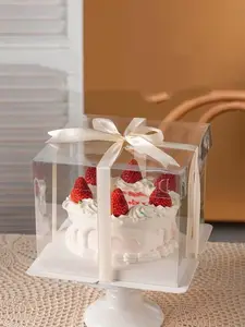 Kotak kue transparan bening tinggi kotak plastik pernikahan kustom grosir mewah ulang tahun untuk tamu pop kotak kue dapat disesuaikan