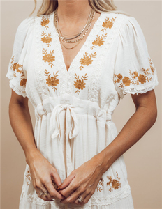 2022 Summer <strong>Retro</strong> Elegant Women Short Sleeve V Neck Floral Embroidered Vintage <strong>Dresses</strong> - Product Image 3