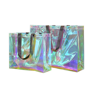Custom Plain Holographic PP Clothing Shopping Bag with Top Button Promotion Cheap Metallic Plastic Gift Giveaway Tote Bag