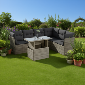 Ensemble de canapés de jardin en rotin gris 6 places, mobilier d'extérieur avec structure en acier et verre trempé, design contemporain - Product Image 2