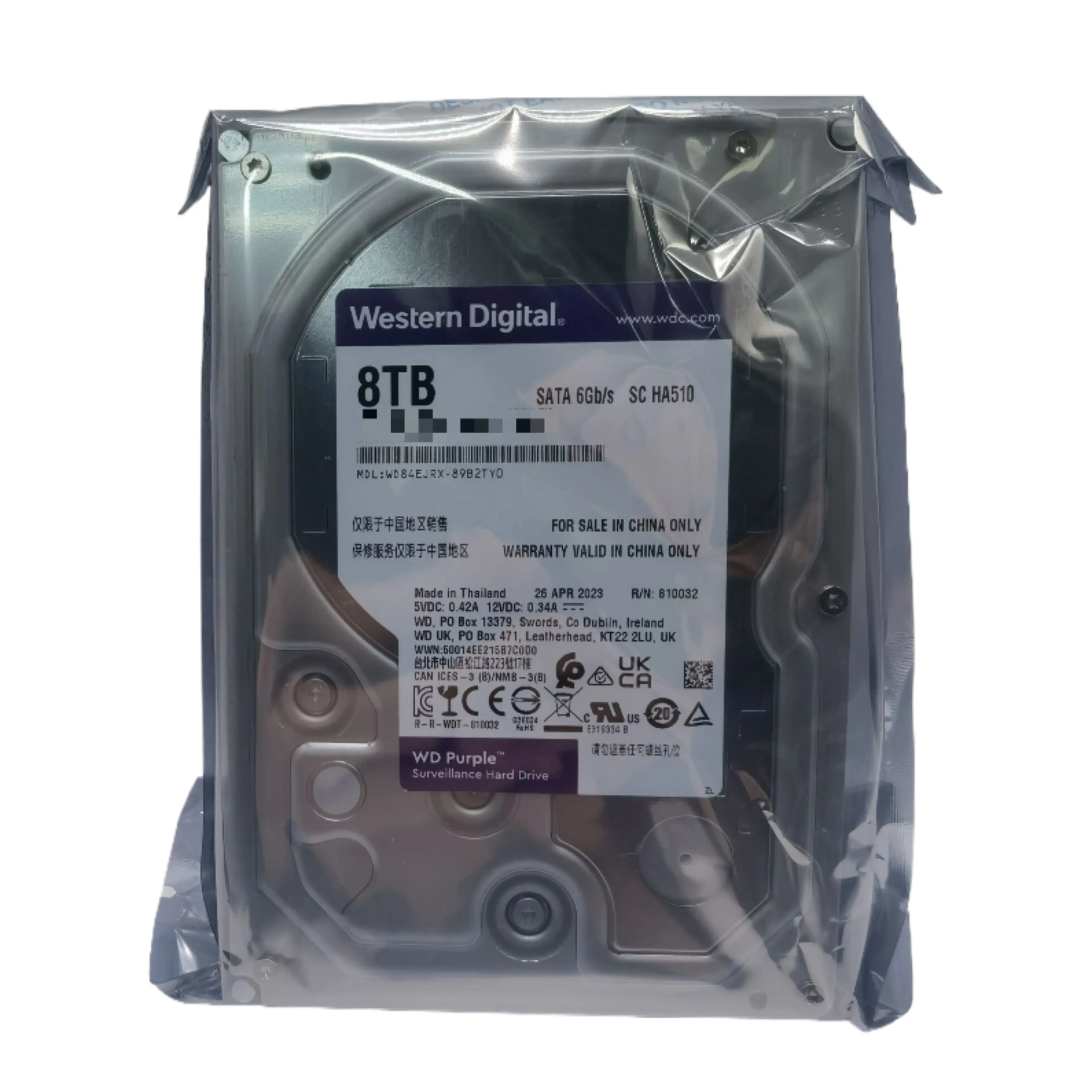 WD 3,5 pulgadas 8TB Púrpura Vigilancia Disco duro SATA CMR 128MB Hasta 64 cámaras HD 16 bahías de unidad WD84PURZ