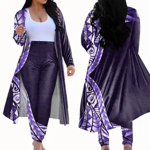 Polynesian Tribal New Arrival Sublimation print stripe purple Cardigan Trench Coat & Skinny Long Pants 2Pcs Factory Outlet
