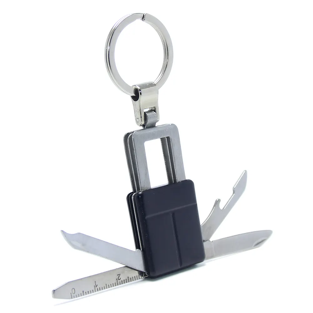 Mini outils 4 en 1 Porte-clés ouvre-bouteille promotionnel en acier inoxydable Ouvre-bouteille en métal Couteau de poche Porte-clés