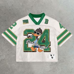 Magliette europee americane retrò High Street con motivo solido a maniche corte in tessuto a maglia Hip-hop stile sportivo - Product Image 5