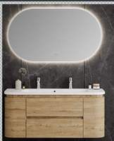 Meuble-lavabo de salle de bain moderne de luxe en bois naturel courbé, gain de place, double vasque, miroir LED intégré pour appartement et suite parentale