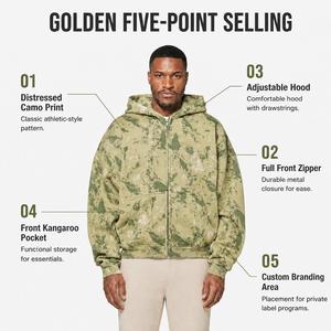 Sweat à capuche zippé pour homme, vert sauge camouflage, imprimé graphique en relief, coupe décontractée à épaules tombantes, style streetwear urbain, collection automne premium - Product Image 2