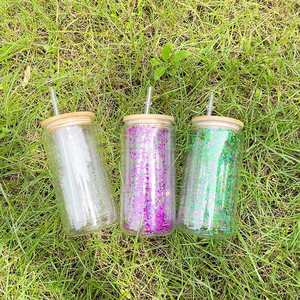 Gobelets en verre à double paroi de 12 oz en forme de canette de soda, vierges pour sublimation, effet boule à neige et paillettes, avec couvercle en bambou, pour vinyle, entrepôt USA - Product Image 3