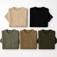 Haut pull côtelé à manches courtes pour femme, col rond, avec poche poitrine, en mélange de coton, personnalisable, vente en gros OEM, commande en gros, directement de l'usine