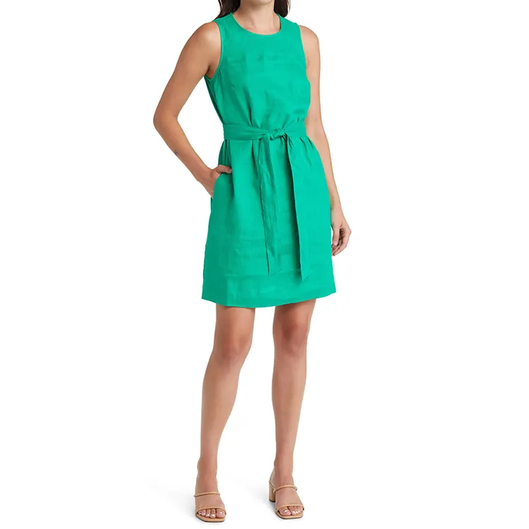 Vestido de lino para mujer 2022 vestido con lazo en la cintura extraíble verde esmeralda para mujer Vestido corto de lino sin mangas