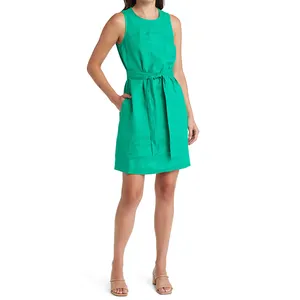 Linho Vestido Mulheres 2022 Removível Cintura Tie Dress Verde Esmeralda Para Mulheres Sem Mangas De Linho Vestido Curto