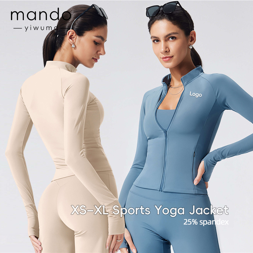 Women's Stand Collar Yoga Jacket 75% Nylon 25% Spandex Slim Fit Full Zip Sports Top with Pockets & Thumb Holes