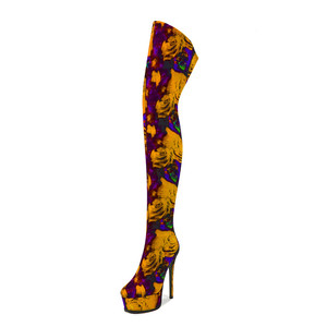 Big Size 48 Side Zipper Thigh High <b>Boots</b> Women's Stiletto Thick <b>Platform</b> Over-knee Floral Pattern <b>Boots</b> Stretchy Fabric Shoes - Product Image 5