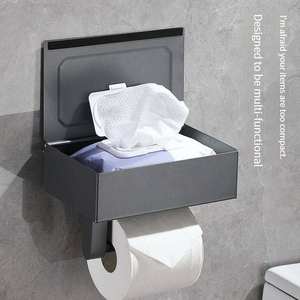 Porte-papier toilette mural moderne avec étagère intégrée, noir, rectangulaire, support de rangement pour salle de bain - Product Image 2