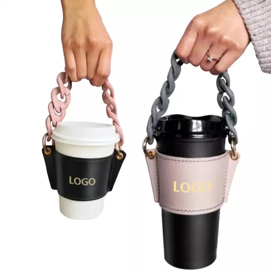 Handmade Coffee Cup Sleeve Holder Paper Glass Packaging Tea Cup Leather Cup Holder With Acrylic Chain Strap Handle