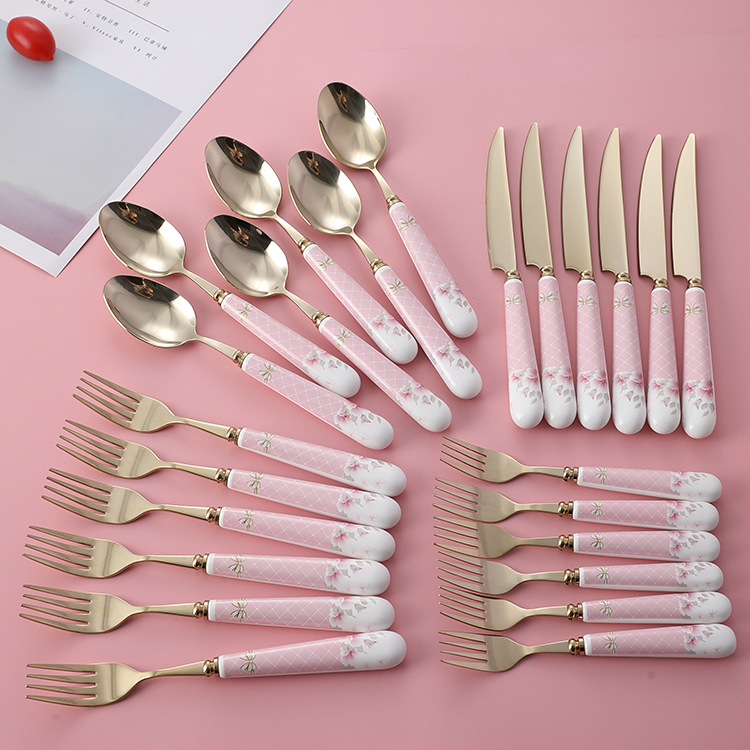 Ресторан изготавливается на заказ 24 шт ножей, вилок и ложек Посуда из бамбука в золотом цвете из нержавеющей стали набор столового прибора