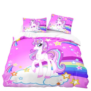 Juego de fundas de edredón de arcoíris de unicornio para niños y niñas, ropa de cama de tamaño completo, edredón de poliéster con dibujos coloridos