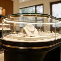 Comptoir de présentation de bijoux de luxe GZowin OEM/ODM avec verre incurvé, éclairage LED, dimensions et couleurs personnalisables, vitrine haute résistance