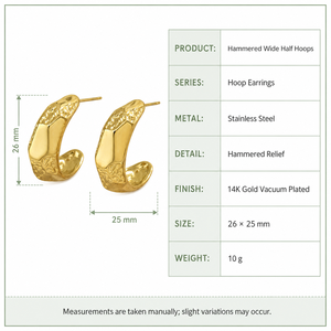 Boucles d'oreilles demi-cercle larges martelées en acier inoxydable plaqué or 14K sous vide, bijoux texturés épais et imposants - Product Image 2