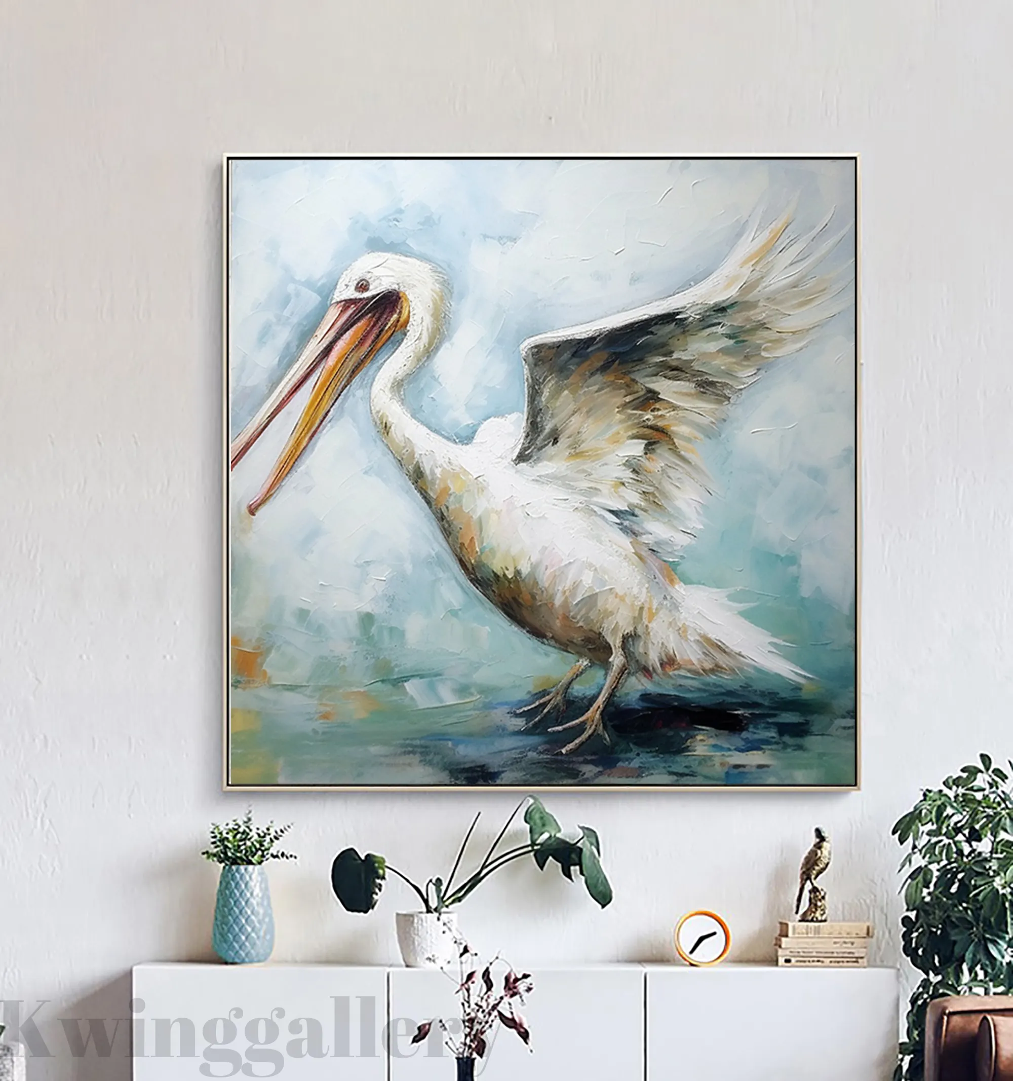 キャンバスの壁のアートの抽象的なペリカンの絵画オリジナルの白い鳥のアートワーク部屋の装飾のための創造的な手作りの動物の油絵