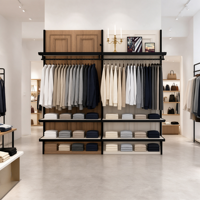 Porte-vêtements commercial en métal noir avec panneau arrière en bois bicolore blanc et étagères doubles suspendues
