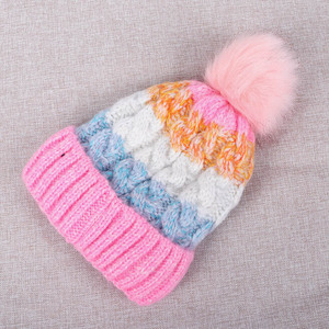 <span class=keywords><strong>Bonnet</strong></span> en maille jacquard doublé polaire en mohair pour <span class=keywords><strong>femme</strong></span> avec <span class=keywords><strong>pompon</strong></span>, design rayé color-block réglable, chaud pour l'hiver - Product Image 4