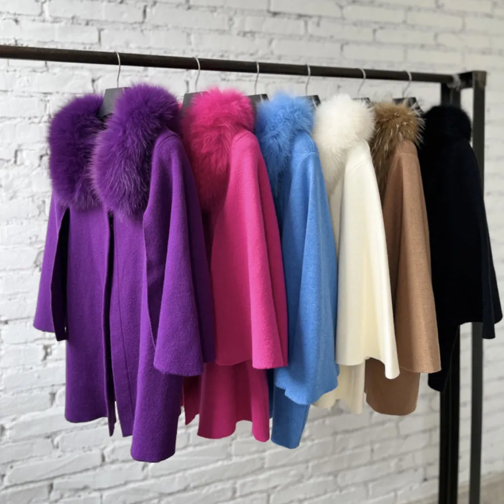 New Arrival Women Wool Blended Knit Big Flared Sleeve Cover Short Cape Coat with Removable Fur Collar