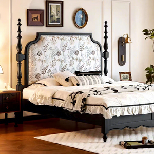 Cama de Madera Maciza Estilo Campestre Francés con Cuatro Postes, Tapicería Floral, Camas King Size Personalizadas - Product Image 3