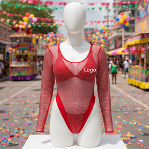 Conjunto de 2 piezas de monokini de malla roja personalizado, traje de baño de manga larga con recortes para fiesta rave en Miami, proveedor mayorista OEM, MOQ bajo - Product Image 3