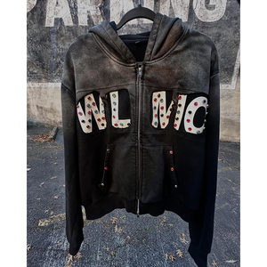 جاكيت رجالي فضفاض بطباعة الشاشة، تصميم هيب هوب للشارع، نمط ريترو مزين بالأحجار الكريمة، سحاب مزدوج، مظهر متهالك - Product Image 2