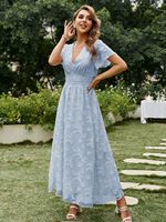 Robe longue florale bleu ciel pour femme, col en V, manches à volants, style bohème, robe de plage, fabrication sur mesure, vente en gros
