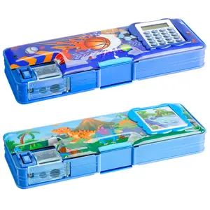 Kotak Pensil Multifungsi dengan Kotak Rautan Kalkulator untuk Anak Laki-laki Kotak Organizer Alat Tulis Dinosaurus Plastik Hadiah Sekolah untuk Anak-anak