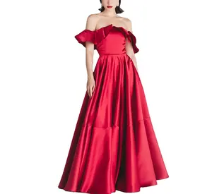 Vestido Rojo de satén con volantes y hombros descubiertos para mujer, maxivestido elegante de noche para fiesta de boda