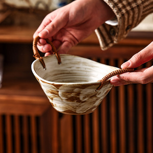 Bol en céramique Yilongxuan fait main avec glaçure, double anse en corde de chanvre, pour riz, nouilles et soupes - Product Image 2