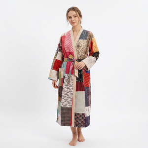 Patchwork 100% Cotton Quilted Kimono Robe Long Sleeve V-<b>Neck</b> <b>Wrap</b> Belted Women's Full Length Floral Print Winter Quick Dry - Product Image 1