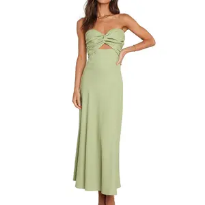 महिलाओं के लिए स्ट्रैपलेस फिट और फ्लेयर कॉटन ड्रेस, मामूली सरल ग्रीष्मकालीन कैजुअल कटआउट प्लेन बो ड्रेस