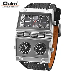 Oulm 9525 Men's Square Watches Best Creative Large Dial Leather Strap Sports Hand Watch Water Resistant Dual Men Watch
