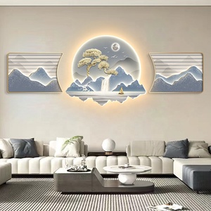"Acqua che scorre porta ricchezza" - Set di 3 pezzi con cornice in PVC, decorazione in cristallo <span class=keywords><strong>e</strong></span> porcellana, paesaggio astratto moderno, arte da parete a LED - Product Image 4