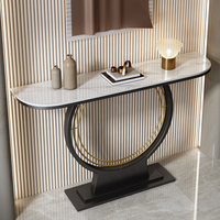 Table console contemporaine de luxe léger avec plateau en acier inoxydable et structure métallique, étroite, semi-ronde, longue, pour salon