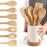 Ensemble de 8 ustensiles de cuisine en bambou avec support rotatif à 360 degrés en céramique, outils de cuisson en bambou, ustensiles de cuisine pour la cuisine à domicile