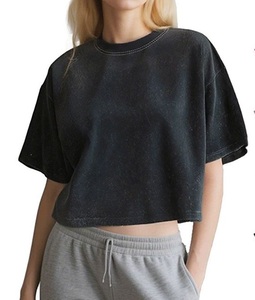 Women Cropped Acid Wash T-shirt Heavy Weight Cotton Snow Wash Distressed Short Tee, Streetwear Brand Crop Top - Product Image 1