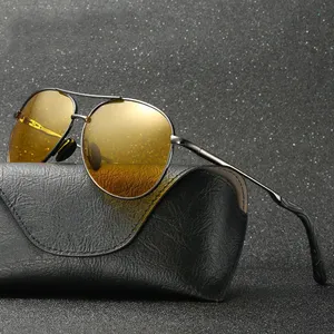 Klassische Doppelbrücke Nachtsicht Metallrahmen TAC polarisierte Sonnenbrille Herren UV400 Feder scharnier Übergroße flache Sonnenbrille