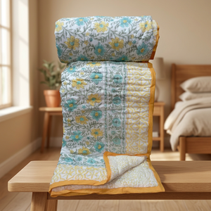 Vintage Style Hand Block Printed Cotton <b>Quilt</b> Double <b>Bed</b> Traditional Floral Design Handmade All Season Home Use - Product Image 3