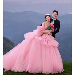 Mori Girl Style Pink Tulle Ball Gown Wedding Dress Strapless Empire Waistline With Train For Outdoor Photoshoot - Product Image 1