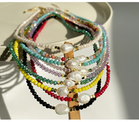 Collier coloré en perles de cristal avec perles d'eau douce naturelles, chaîne de clavicule en acier inoxydable inaltérable, bijoux de mode pour femmes