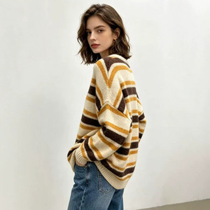 Pull en coton tricoté à manches longues pour femme avec logo personnalisé OEM, col rond, décontracté, hiver, rayures sur le devant, séchage rapide, respirant - Product Image 1