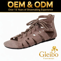 Sandales gladiateur vintage en daim pour femme, à bout ouvert, à lacets, avec fermeture éclair arrière, ornées de perles et de strass, talon plat, fabrication directe usine OEM ODM