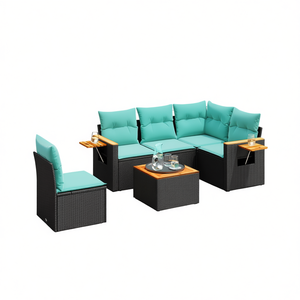 Juego de sofás para patio exterior, 6 piezas, ratán sintético negro con cojines, muebles exclusivos de EE. UU. - Product Image 1