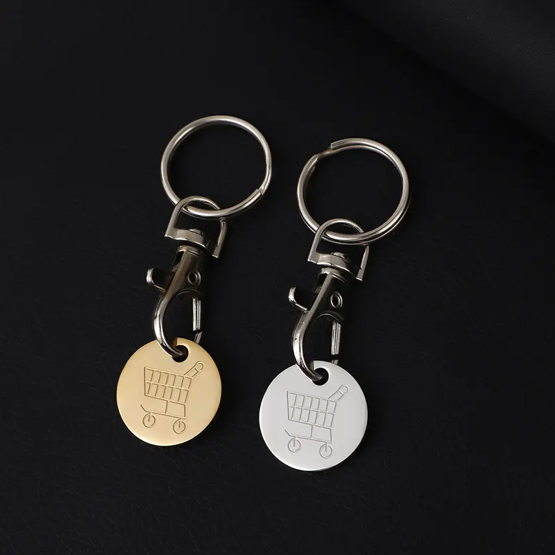 supermarket number anti-loss tag charm logo keyring stainless steel custom metal shopping cart token trolley coin keychain