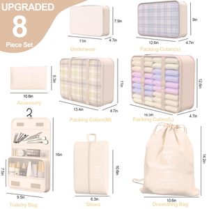 Lot de 8 cubes de rangement extra larges pour valise de voyage, sacs organisateurs pour bagages avec sac à chaussures suspendu et trousse de toilette, pour les voyages en voiture et le camping - Product Image 2